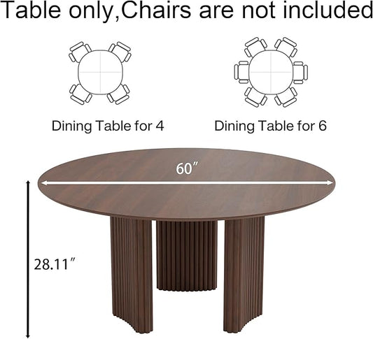 Casaphoria 60" Round Dining Table for 4-6, Farmhouse Style Table with Stripes Base, Easy Assembly for Living Room, Kitchen, Bar, Walnut
