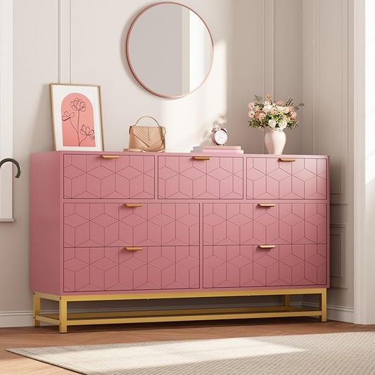 GAOMON Dresser for Bedroom, 53.5" Wide Dresser Organizer, 7 Drawer with Golden Metal Handle and Legs, Modern Chest of Drawers for Closet, Hallway, Living Room, Entryway, Pink