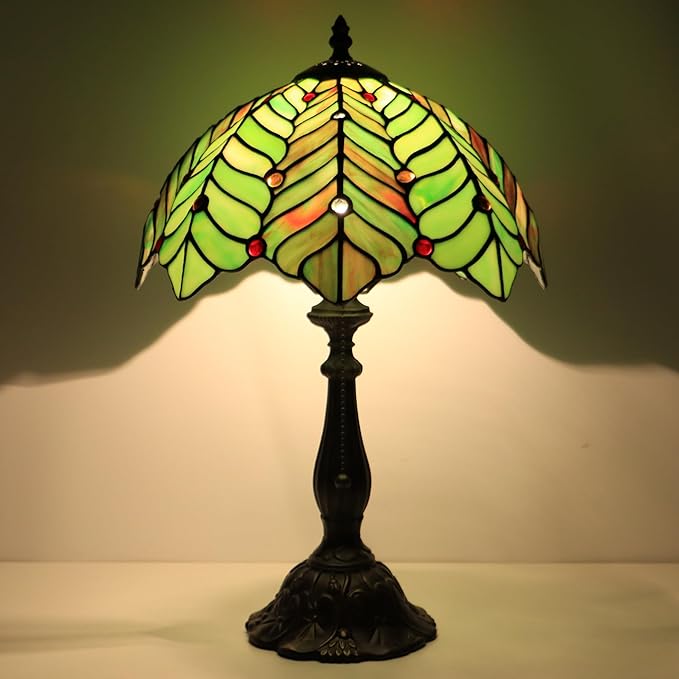 Tiffany Lamp Stained Glass Table Lamp Bedside Reading Light W12H19 Inches (Brown Green Leaf)