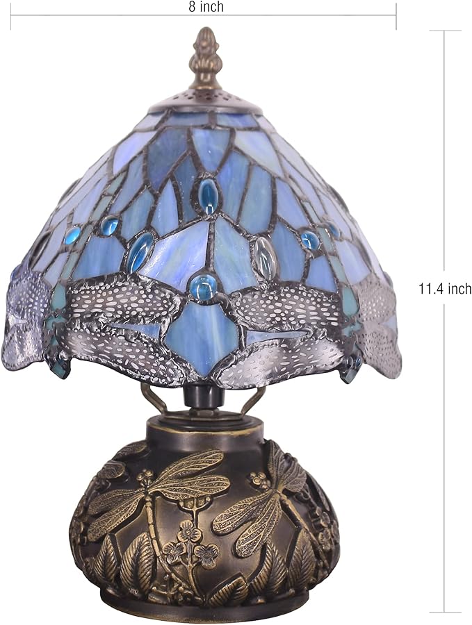 Small Tiffany Lamp Mini Stained Glass Table Lamp Sea Blue Dragonfly Style Mushroom Desk Light Memory Sympathy Lamp 8X11 Inch