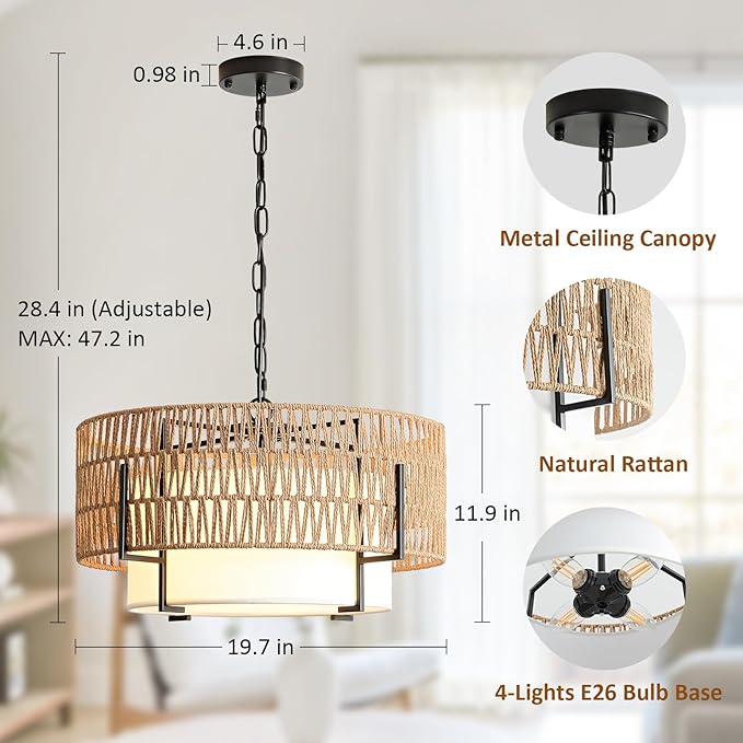 Boho Rattan Chandelier, 19.7" Rattan Pendant Light with Fabric Shade, 4-Light Farmhouse Ceiling Light Fixture Chandelier for Dining Room, Living Room, Bedroom, Kitchen Island, Foyer, Hallway