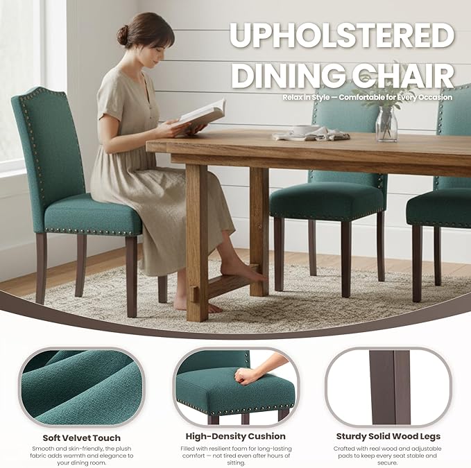 Dining Chairs Set of 2, Soft Comfortable Upholstered Parsons Chairs with High-Density Cushion & Solid Wood Legs, Nailhead Trim, Modern Accent Chairs for Dining Room, Kitchen, Living Room – Green