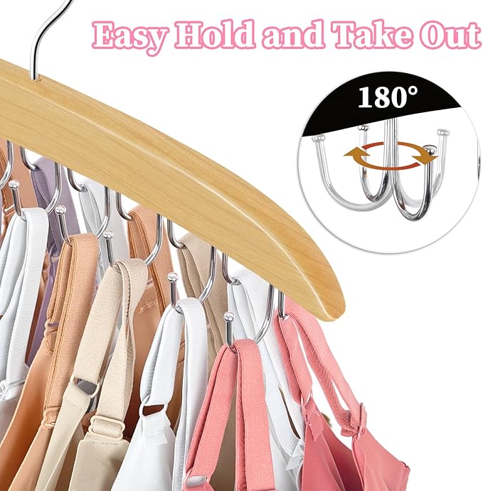 Bra Organizer for Closet, 360° Rotating Bra Hanger Space Saving w/20 Foldable Metal Hooks, Tank Top Hanger Closet Organizers and Storage for Camisoles/Tank Tops/Bras/Belts/Scarves Wood