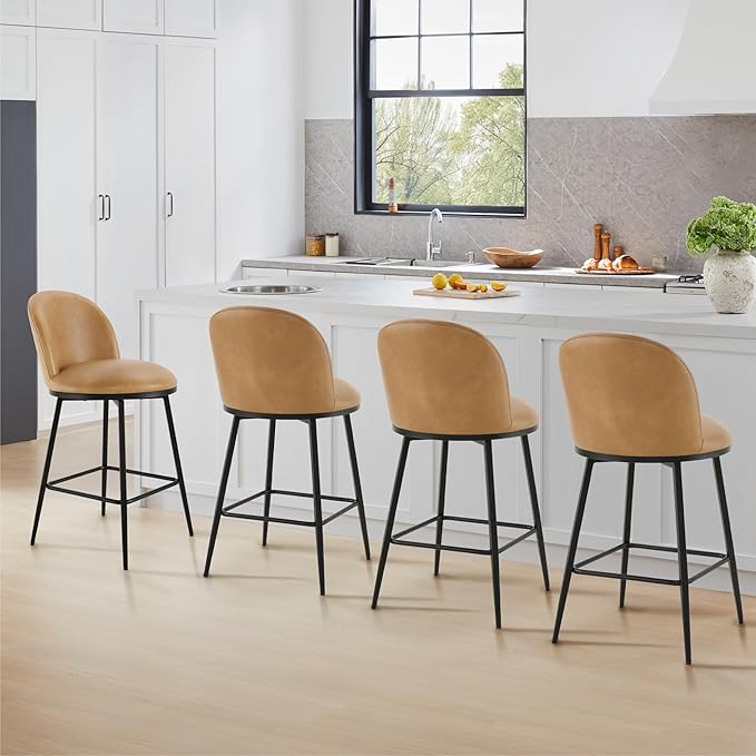 Swivel Bar Stools Set of 3, 26" H Upholstered Faux Leather Barstools with Backs,Counter Height Stools with Metal Legs for Kitchen Island,Brown,1 Box