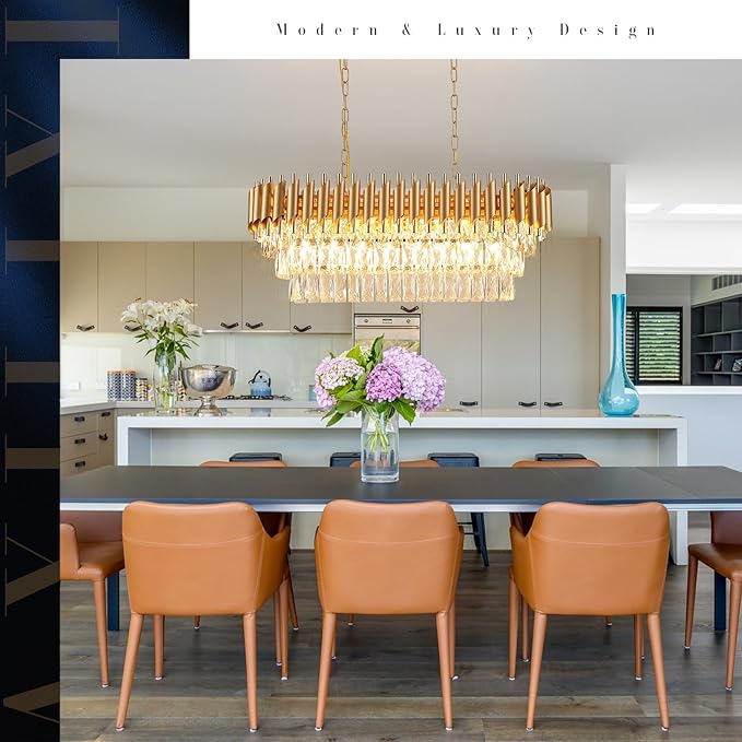 Modern Rectangular Chandelier Gold Crystal Chandeliers for Dining Room 8-Light Linear Ceiling Pendant Light Long 32” Luxury Oval Chandelier for Kitchen Island Living Room