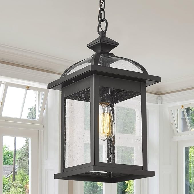 Darkaway Outdoor Pendant Light Fixture Lantern, Large 20inch Hanging Porch Light with Glass Aluminum Outdoor Pendant Lights for Porch, Patio, Entryway (Large, Black)