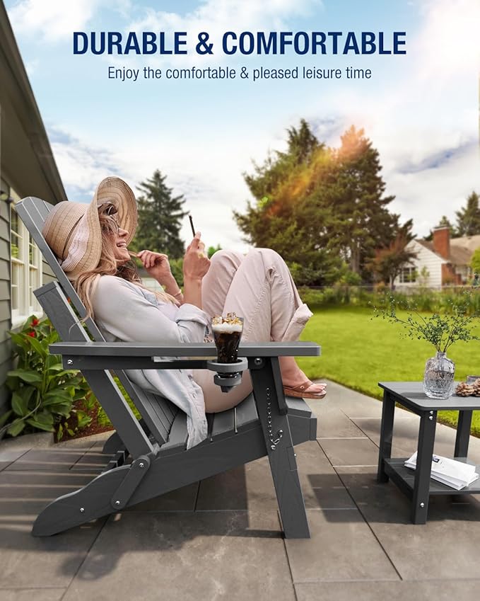 Adirondack Chair with Cup Holder: Folding Adirondack Chairs Plastic HDPE Material Furniture - Composite Fire Pit Chairs Foldable for Outdoor/Backyard/Garden/Lawn/Deck/Porch/Patio