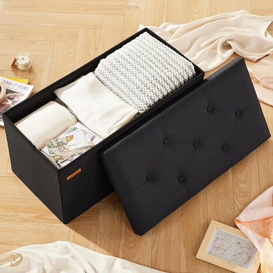 HAUSFRAU - Storage Ottoman Bench, 30 Inches Button Tufted Upholstered Ottoman Footstool with Storage for Living Room Bedroom Entryway, Load 660 lb, Linen Black