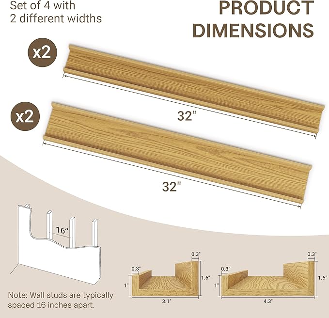 Fun Memories Picture Ledge Shelf - 32 Inches Floating Shelves Set of 4 - Floating Shelves with Lip for Storage - Wood Bookshelf Wall Mounted for Bedroom - Living Room - Kitchen - Oak Color
