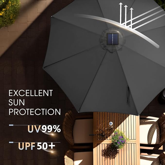wikiwiki 10FT Solar Led Patio Umbrella with Base Included, 32 LED Lights, 8 Sturdy Ribs, Fade Resistant Waterproof POLYESTER DTY Canopy for Garden, Lawn, Deck, Backyard & Pool, Dark Gray