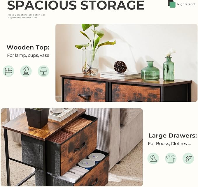 NEWBULIG Nightstand with 2 Fabric Drawers, 25 Inch Tall Small Dresser, Bedside Table with Storage for Bedroom, Closet, Entryway, Dorm, 2 Pack with Sturdy Frame and Compact Design, Rustic Brown02