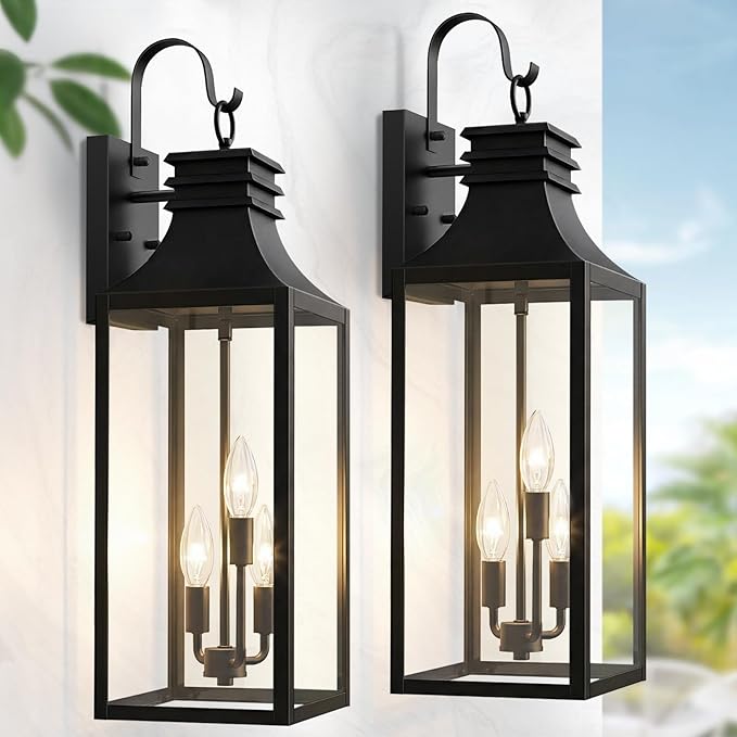 28" Large Outdoor Wall Lights 2 Pack, 3-Light Black Exterior Sconces with Clear Glass, Extra Tall Waterproof Porch Lanterns, Aluminum Alloy Fixtures for Front Door Garage, E12 Socket