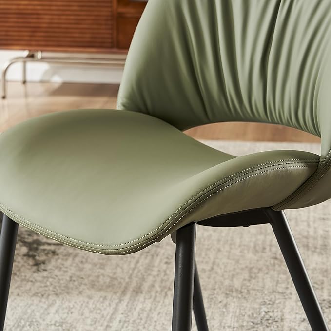 Rowill Olive Green Dining Chairs Set of 2, Upholstered Dining Room Chairs with Hollow Back, Faux Leather Kitchen Chairs for Dining, Mid Century Modern Dining Chair with Curved Seat