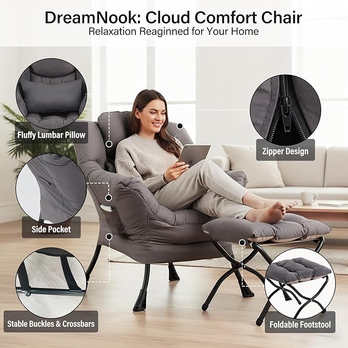 Lazy Chair with Ottoman, Modern Accent Chair with Lumbar Pillow, Dark Grey Sofa, Armchairs with Folding Footrest, Oversized Supportive Chairs for Bedroom, Reading