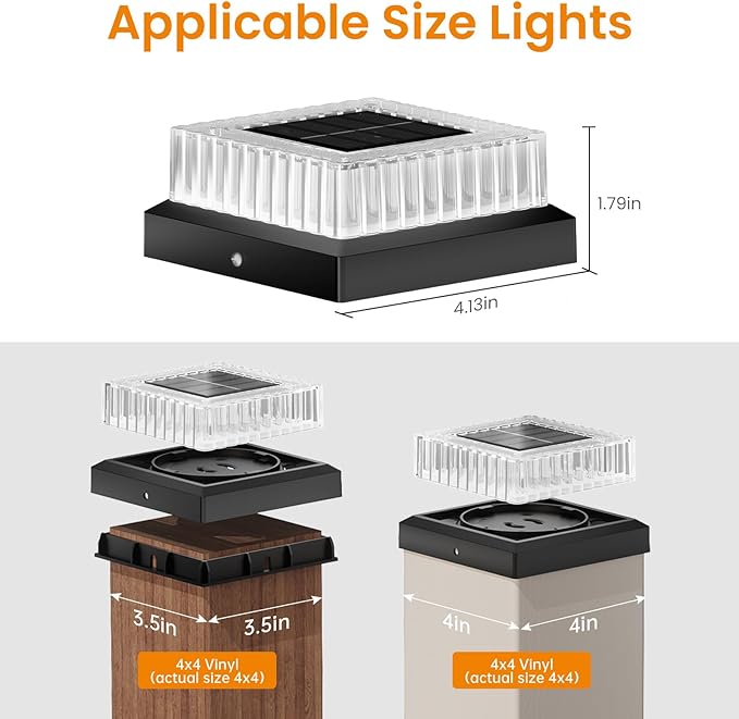 APONUO Solar Post Cap Lights, 12-Pack Fence Post Solar Lights with 20 Lumens 3-Sided Panoramic Glow, IP65 Waterproof Fence, Deck, Patio, Garden Decor, Easy No-Tool Install for 4x4 Posts, Black