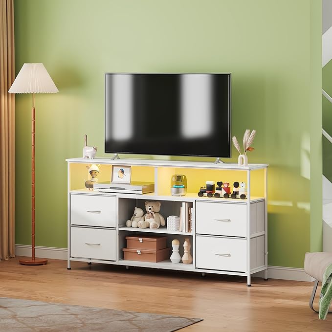 WLIVE TV Stand Dresser for 50,55,60 inch TV, Entertainment Center with LED Lights & Fabric Drawers, Dresser TV Stand for Bedroom and Living Room with Open Shelves, White