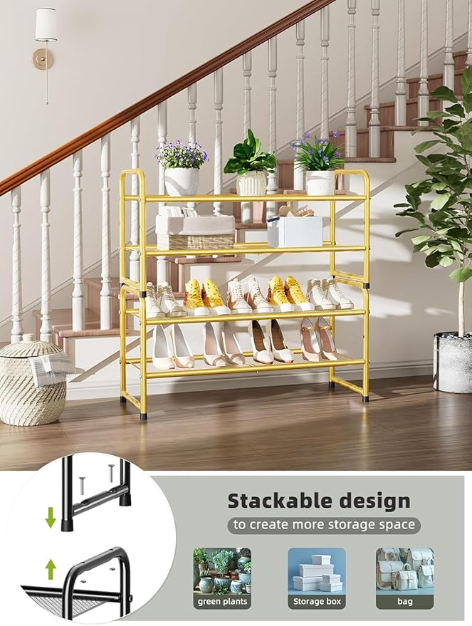 SUFAUY 2 Tier 33" Wide Shoe Rack Closet Metal Mesh, Stackable, Gold