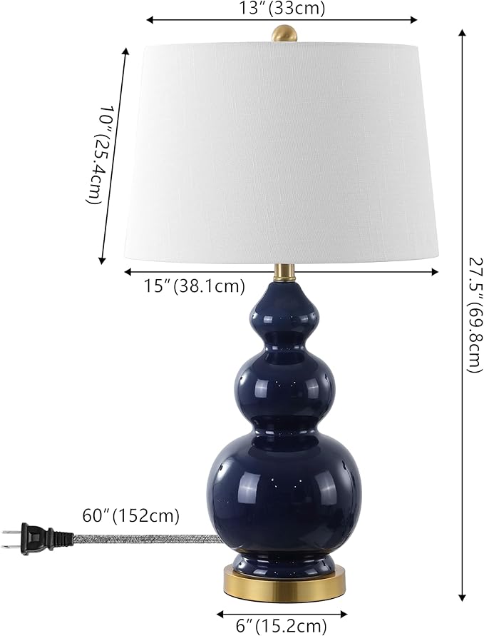 JONATHAN Y 27.5" Navy/Brass Gold Modern Ceramic Gourd Table Lamp for Living Room, Large Bedside Nightstand Lamp for Bedroom, White Linen Drum Shade, LED Bulb Included (JYL4023B)