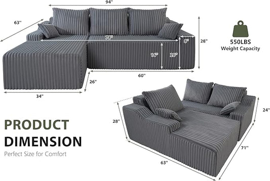 HABUTWAY 94'' Cloud Sectional Couch, Boneless Sofa with Deep Seat, Modular Comfy L-Shape Couch with Chaise for Living Room Bedroom, No Assembly Required(Grey,Left Facing Chaise)