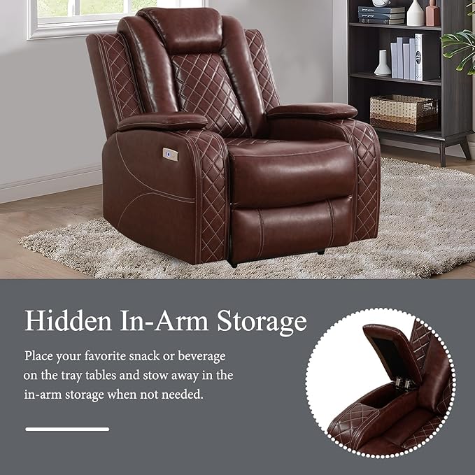 Power Recliner Sofa Set with LED, Leather Reclining Sofa Set, Living Room Furniture Set with USB Charging (3 Pieces Leather Couch Set, Garnet)