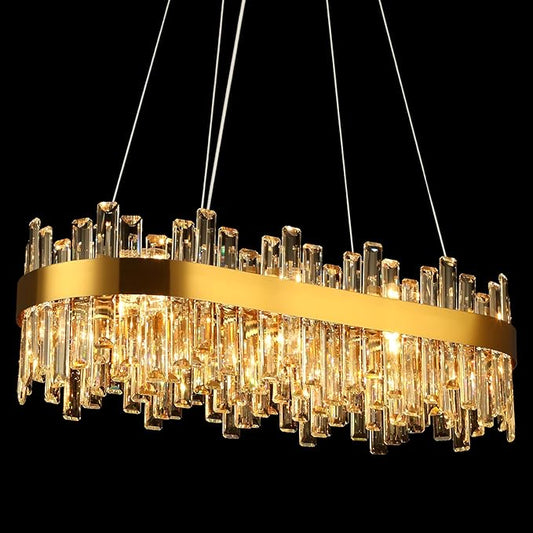 Gold Crystal Chandeliers for Dining Room Lights Fixtures Over Table, 16 Lights Modern Rectangle 2-Tier Chandeliers for Kitchen Island Bar L32 Inch