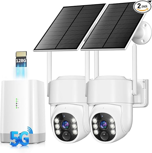 Security Cameras Wireless Outdoor 5G&2.4G, No Subscription, 2 Cam-Kit, 4MP Solar Powered 4CH Expandable Home Security Cameras System with 360°PTZ,128GB Local Storage,Color Night Vision WiFi Cameras