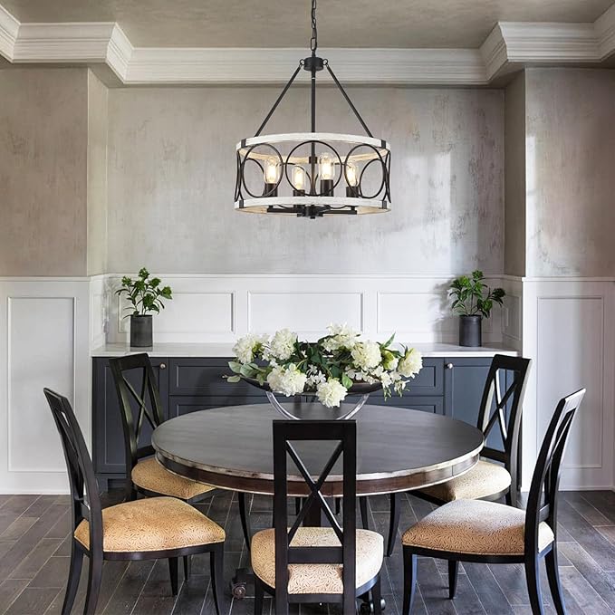 Farmhouse Chandelier for Dining Room 4 Light, 17.71" Round Farmhouse Light Fixture, Rustic Kitchen Lighting Fixtures Hanging Drum Chandeliers for Entryway Foyer Bedroom-Black & White Oak