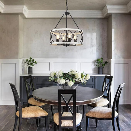 Farmhouse Chandelier for Dining Room 4 Light, 17.71" Round Farmhouse Light Fixture, Rustic Kitchen Lighting Fixtures Hanging Drum Chandeliers for Entryway Foyer Bedroom-Black & White Oak