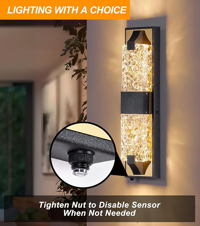 HITTO Dusk to Dawn Outdoor Lighting,18.8'' Porch Lights Outdoor IP65 Waterproof Exterior Lighting Fixtures 12W LED Ripple Crystal Modern Outdoor Light for House, Garage, Door, Patio 2pcs(Black & Gold)