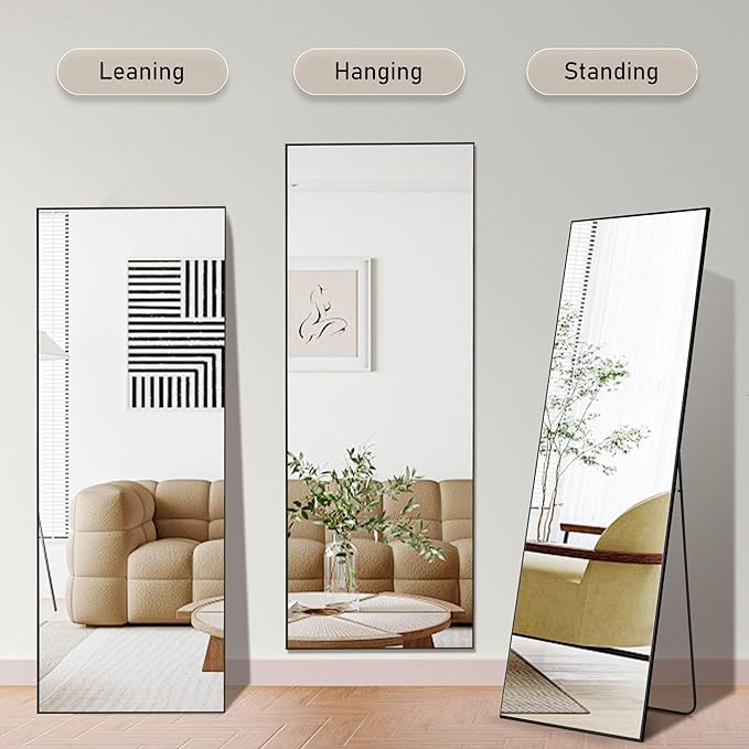 OLIXIS Full Length Mirror for Bedroom, 56"x21" Full Body Mirror with Stand, Hanging or Leaning for Wall, Aluminum Alloy Thin Frame Floor Standing for Living Room, Long, Black