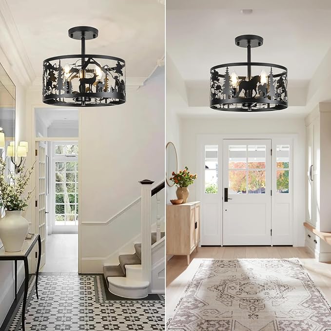 Farmhouse Rustic Ceiling Light Fixtures-Deer & Horse Design, 3-Light Round E26 Base Black Metal Fixture for Kitchen, Living Room,Foyer, Bedroom, Hallway(Bulbs not Included)