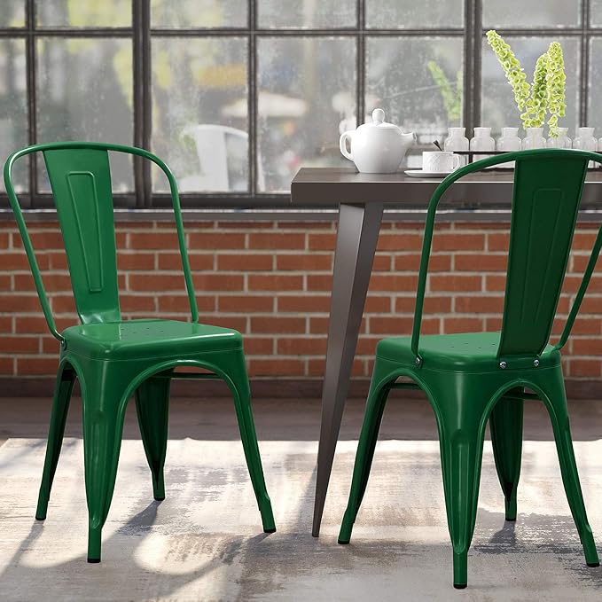 Devoko Metal Indoor-Outdoor Chairs - Distressed Style Kitchen Dining Set of 4 Stackable Side Chairs with Back (Green)