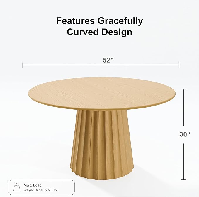 Casaphoria 52" Round Dining Table, Modern Wood Kitchen Table with Cone Shaped Strip Concave Base for Living Room & Dining Room, Easy Assembly Farmhouse Furniture for 4-6, Oak