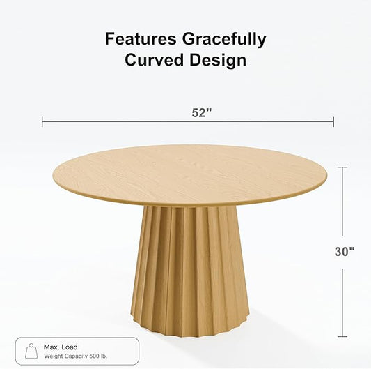Casaphoria 52" Round Dining Table, Modern Wood Kitchen Table with Cone Shaped Strip Concave Base for Living Room & Dining Room, Easy Assembly Farmhouse Furniture for 4-6, Oak