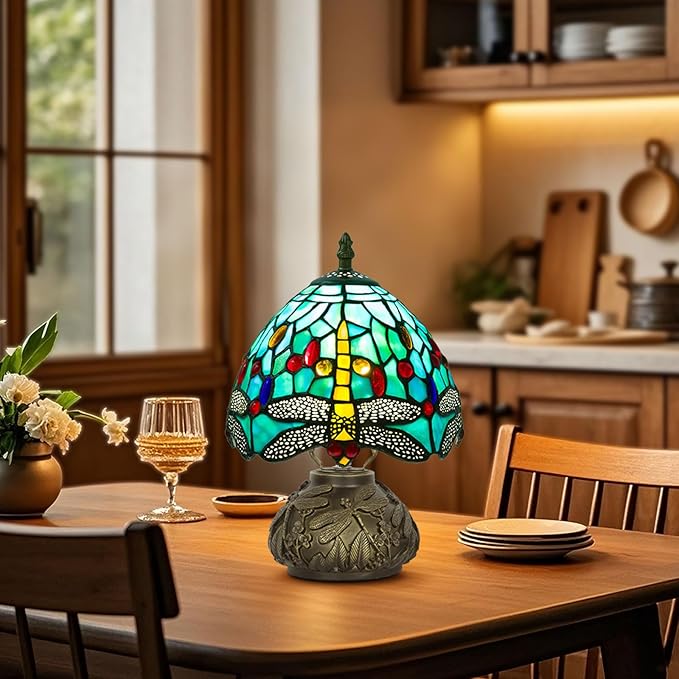 Small Tiffany Table Lamp,Stained Glass Lamp,8 Inch Mushroom Style Mini Vintage Desk Lights for Bedside, Bedroom,Nightstand,Living Room,3 Color Temperature (Green Dragonfly)