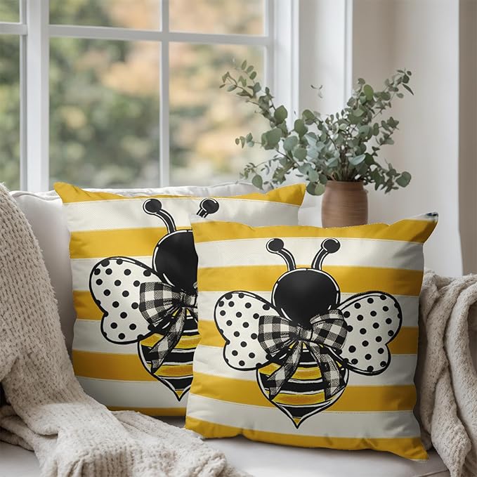 Summer Bee Pillow Covers 16x16 Set of 2 Yellow White Striped Bumblebee Pillow Cases Spring Honey Bee Holiday Decorative Cushion Case for Bed Couch Sofa