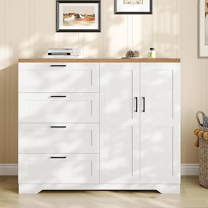 GarveeHome Multifunctional Wooden Dresser for Bedroom, 43.3 in H 2 Door Wardrobe Armoire Closet with 4 Drawers and Hanging Rod, Low Storage Cabinet for Hanging Cloth, White