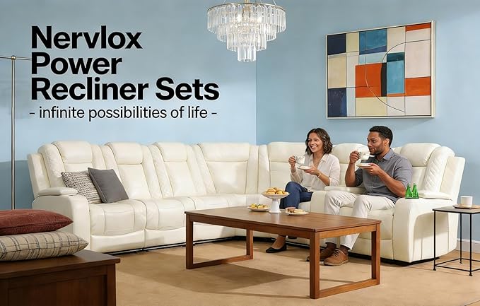 Power Recliner Sectional Sofa with LED, Reclining Sectional Sofa Living Room Furniture Set, Creamy White Couch and 2 Chairs, Reclining Couch Read Lights/Storage/Cup Holder for Office/House