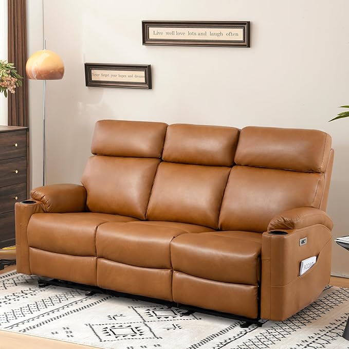 Power Reclining Sofa, Electric 3-Seat Dual Recliner Sofa with USB Ports, Cup Holders, Wall Hugger Sofa & Couch for Living Room Home Theater Apartment RV (Brown) | Drop-Down Table, Side Pocket, Extended Footrest, Breathable Material