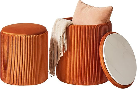 IBUYKE Round Ottoman with Storage Set of 2 Boucle Ottoman End Table for Living Room Vanity Stool Velvet Footrest Stool Bar Stool UWBD005J