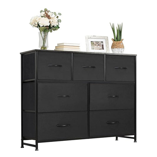 Dresser with 7 Drawers for Bedroom, Fabric Clothes Cabinet for Closet, Anti-Tip Storage Dresser with Metal Frame for Living Room, Entryway, Dorm, Black
