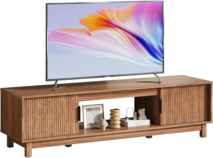 DUMOS 58" Mid Century Modern TV Stand, Mocha Brown Wood Entertainment Center with Storage Cabinets, Media Console Table with Straight Legs & Cable Management for Living Room, Bedroom, Office