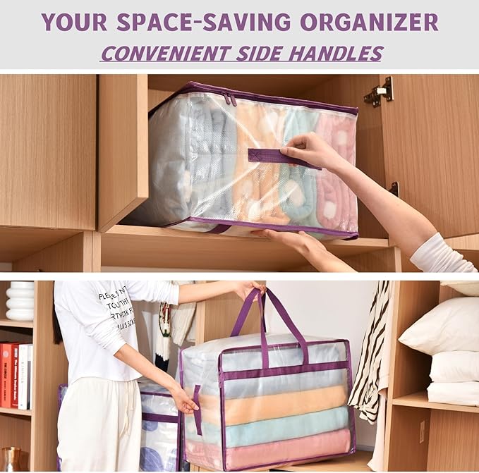 20 Gallon Large Clear Blanket Storage Bags for Bedding with Zipper Handles, 76L Oversized Comforter Storage Bag King Size, Folding Plastic Bedding Storage for Clothes, Bed Sheet, Pillow, Toys, 4Pack