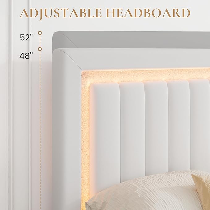 SHA CERLIN Full Size Velvet Bed Frame with LED Light, Adjustable Vertical Channel Tufted Headboard, Strong Wooden Slats Support, Noise-Free, No Box Spring Needed, White