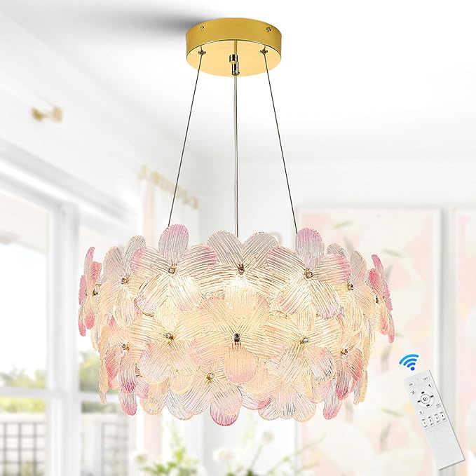Modern Pink Flower Chandelier 20'' Gold Crystal Light Fixture Dimmable LED Ceiling Pendant Lighting with Remote Control Contemporary for Dining Room Entryway Bedroom Kitchen(3000K-6500K)