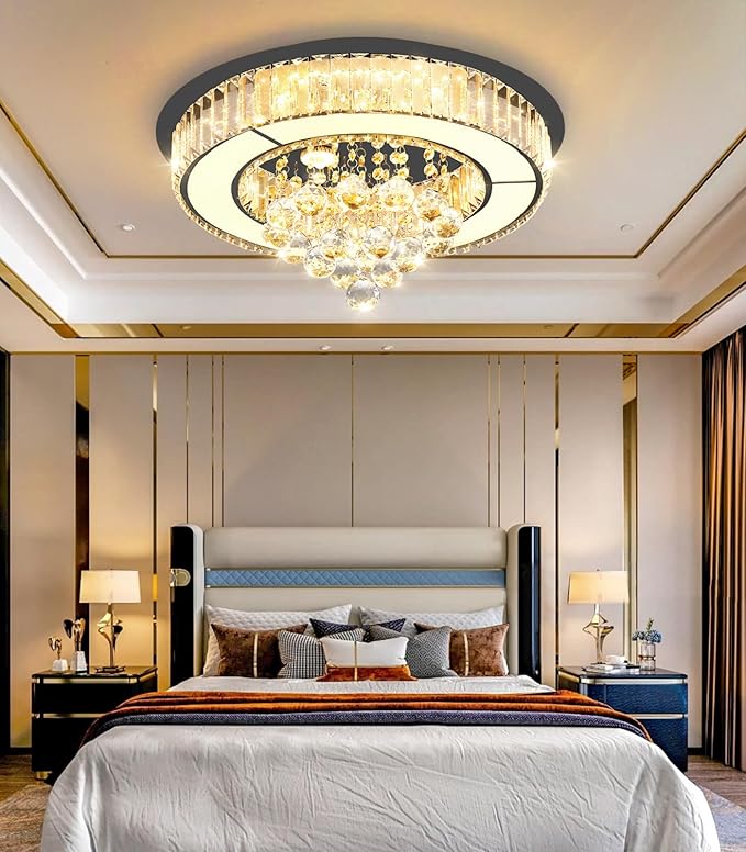 19.6'' Black Modern Crystal Chandeliers for Dining Room LED Dimmable Light Fixtures Flush Mount Light Living Room Bedrooms