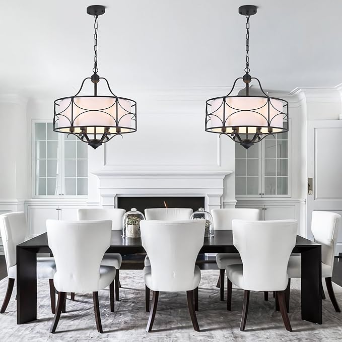 20" Large Black Drum Chandelier - 6 Lights Adjustable Height Modern Farmhouse Pendant Light Fixtures with White Fabric Shade for Kitchen Island Vintage Foyer Entryway Living Room Bedroom
