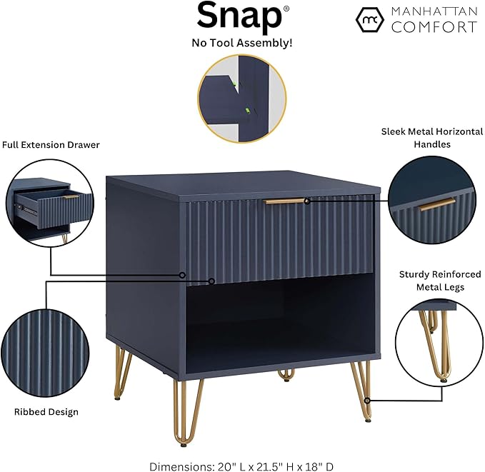 Manhattan Comfort Dumbo Modern Nightstand 1.0 with 1 Drawer and Metal Feet | Splayed Gold Legs | Vertical Ribbed Design | No Tool Assembly Storage for Bedroom & Living Room, Set of 2, Midnight Blue