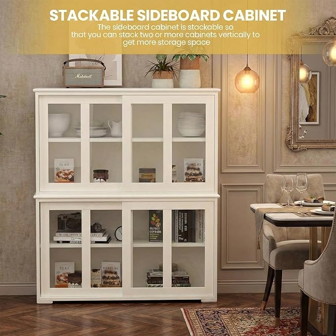 NAFORT Wooden Buffet Cabinet Sideboard with Sliding Doors, Kitchen Storage Console Table, Accent Coffee Bar with Adjustable Shelf for Living Room, Dining Room (White, 13" D x 42" W x 24.5" H)