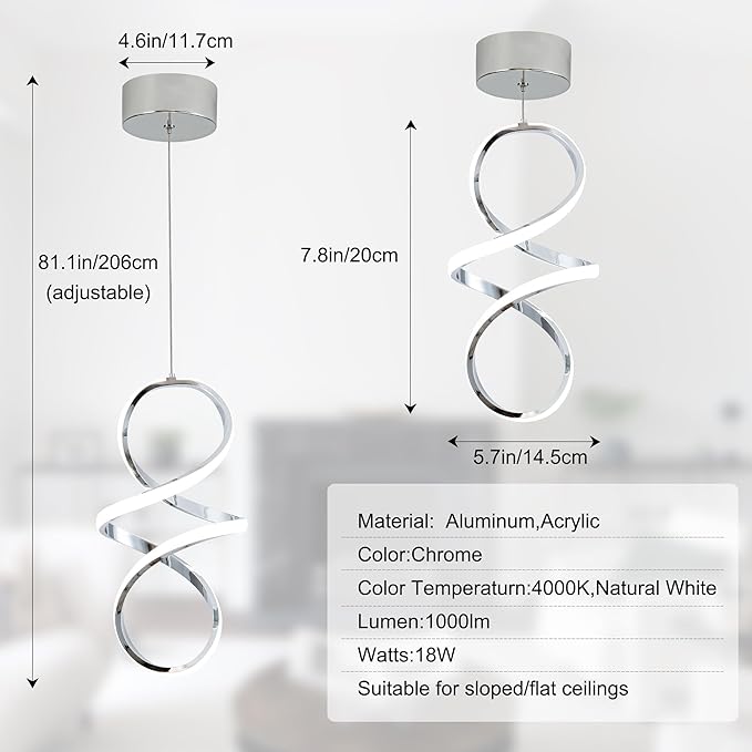 MAYNA Spiral Modern Pendant Light, 4000K Natural White LED Pendant Lights Kitchen Island, 18W Adjustable Height Island Lights for Kitchen Bedroom Dinning Room Living Room, 1 Pack (Chrome)